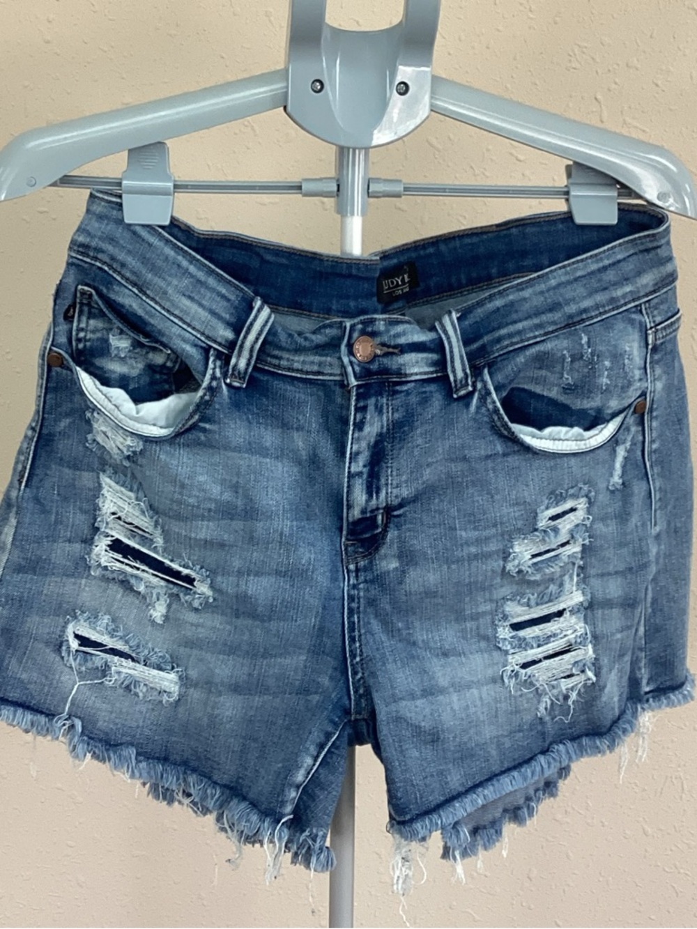 Judy Blue Distressed Frayed Hem Denim Shorts - Blue Wash
